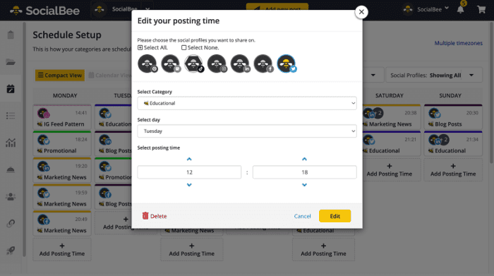 SocialBee content category settings