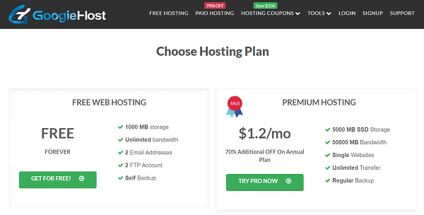 GoogieHost free hosting
