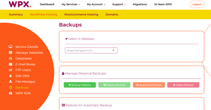 wpx hosting dashboard